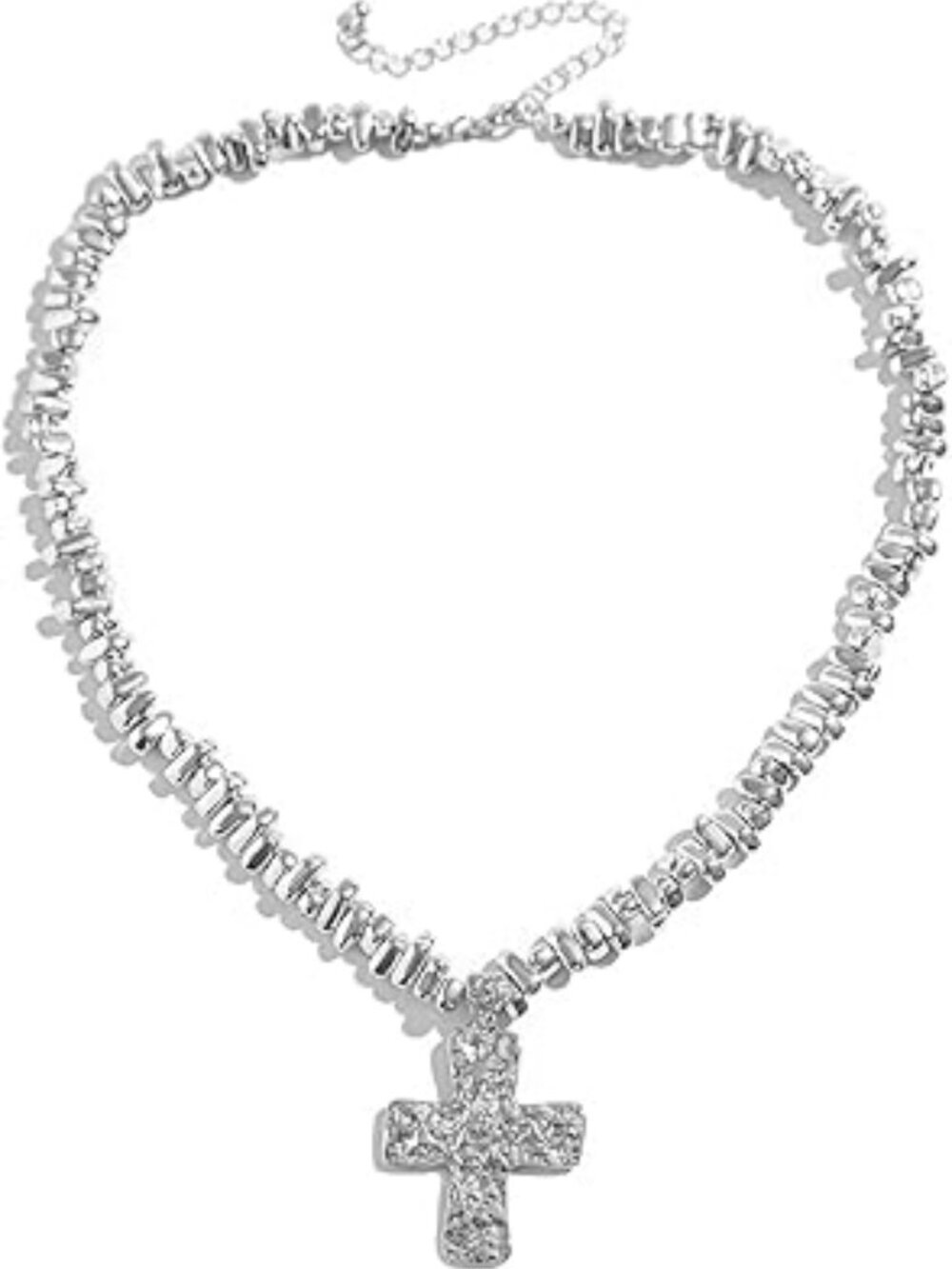 NEW Silver Chunky Cross Statement Necklace Hammered Cross Pendant Choker Fashion